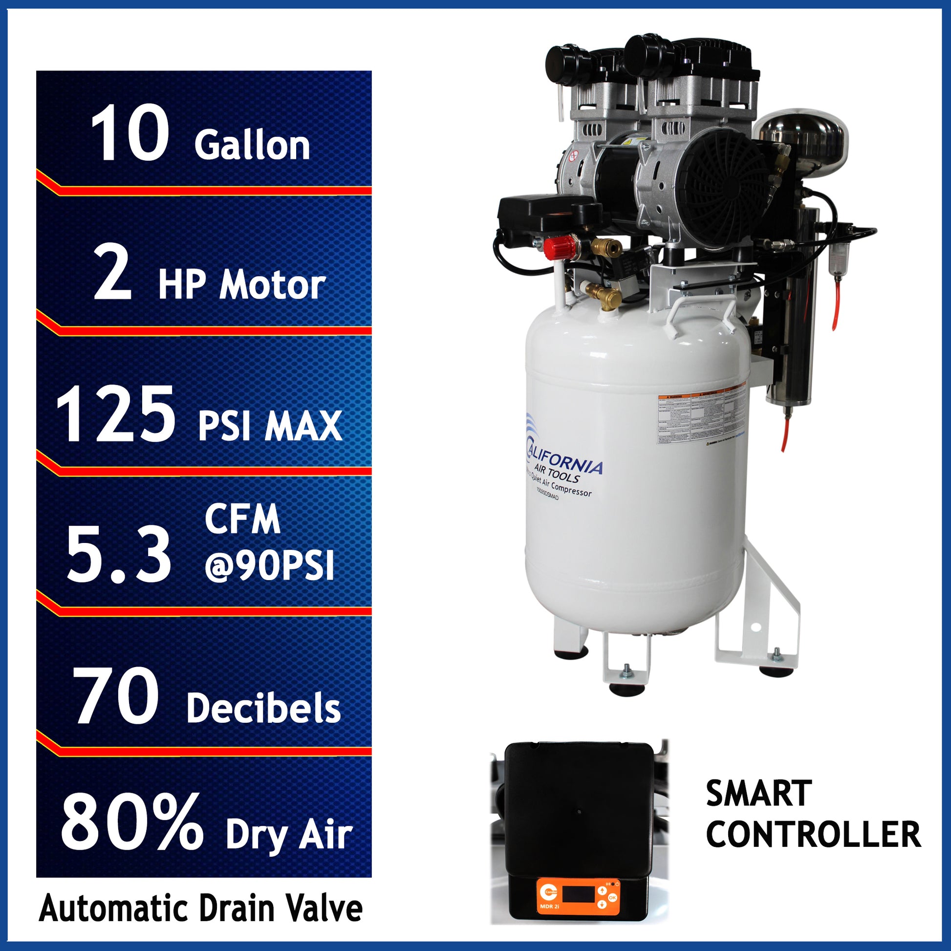 California Air Tools 2.0 Hp SMART Ultra Quiet & Oil-Free 10 Gallon Air Compressor with 80% Air Dryer and Auto Drain Valve
