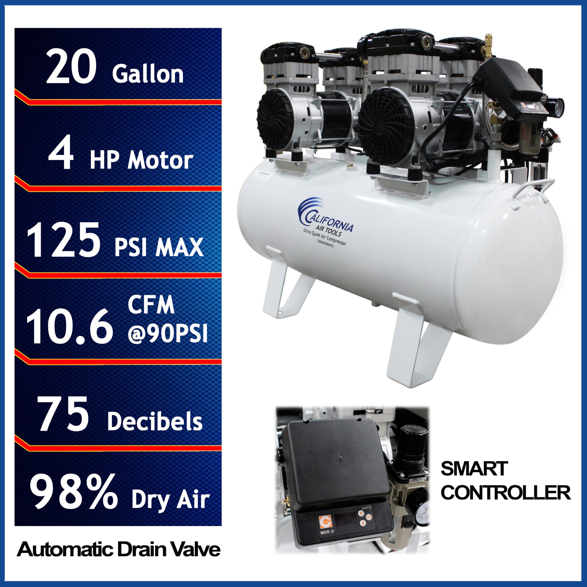 California Air Tools 4.0 Hp SMART Ultra Quiet & Oil-Free 20 Gallon Air Compressor with 98% Air Dryer and Auto Drain Valve