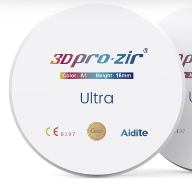 Two dental crowns labeled '3D pro-zir Ultra' by Aidite on a white background.